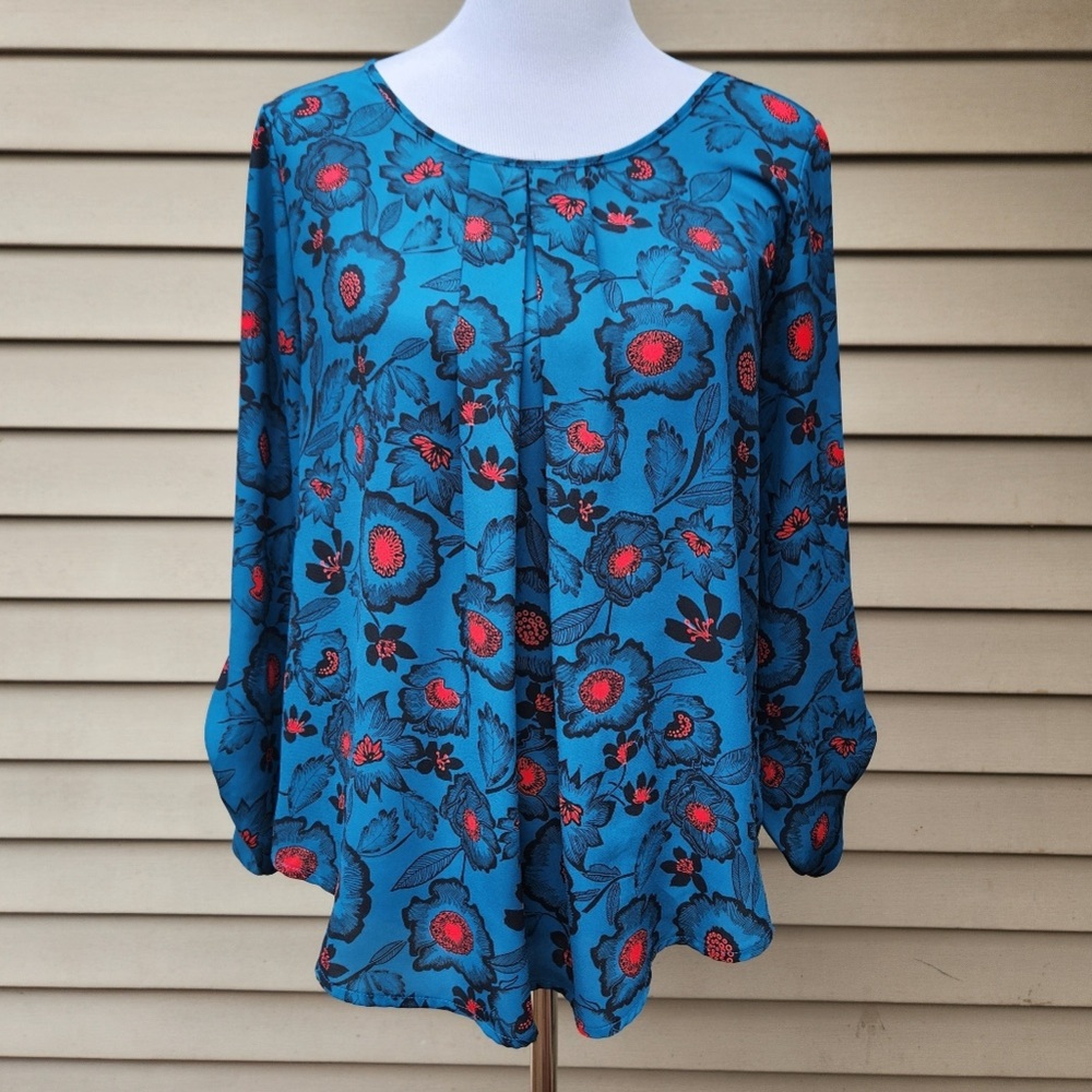 Papermoon Womens Long Sleeve Floral Peasant Top Blouse Med Teal Career Casual